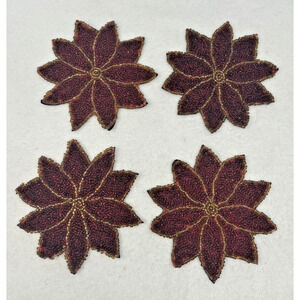 Vtg Beaded Poinsettia Coasters Red‎ Gold Beaded 4.5" Velvet Backed Set Of 4